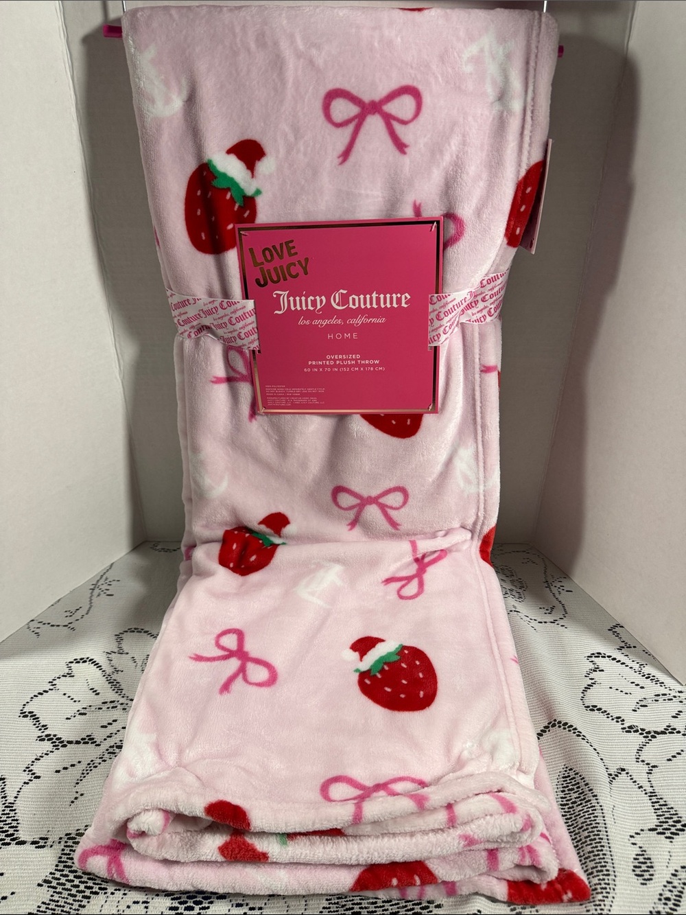Juicy Couture Strawberry With Santa Hats Pink Oversized Plush Throw Blanket Bows